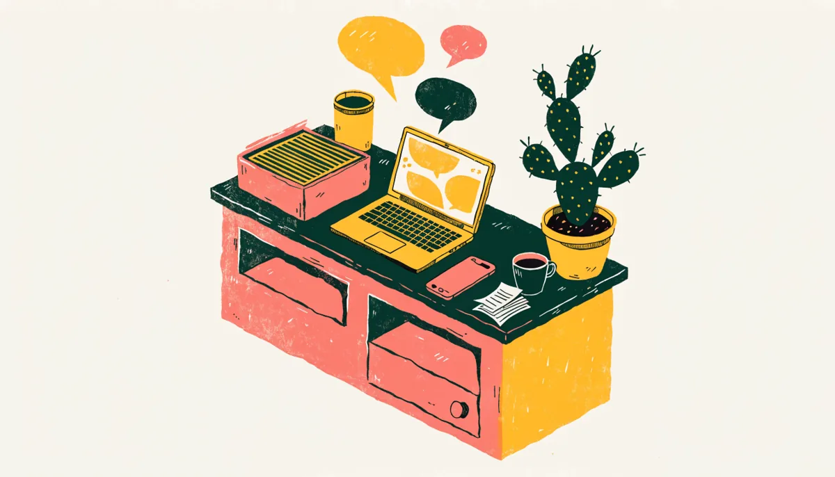 Illustration of a shop counter with a laptop and chat bubbles rising from it