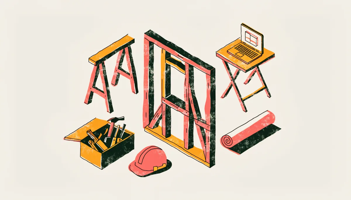 Illustration of a job site with wall framing, a toolbox, a hard hat and a laptop