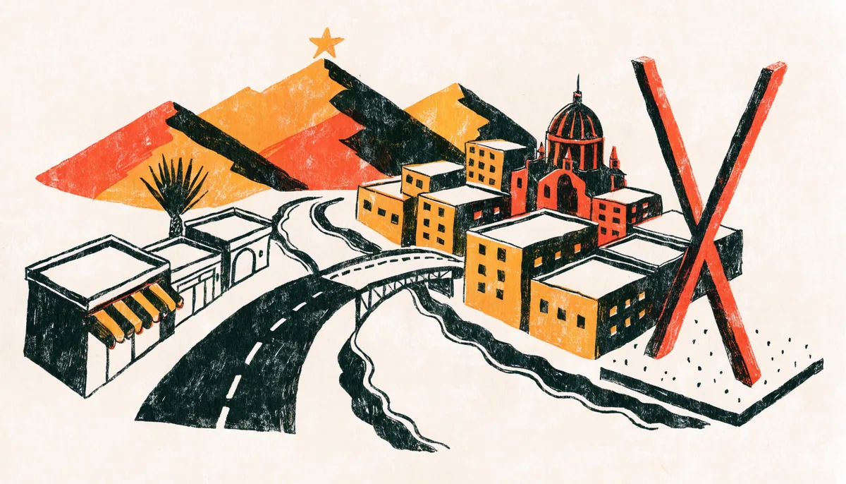 Illustration of El Paso storefronts and a bridge over the Rio Grande to Ciudad Juárez, with the cathedral, La Equis and the Franklin Mountains